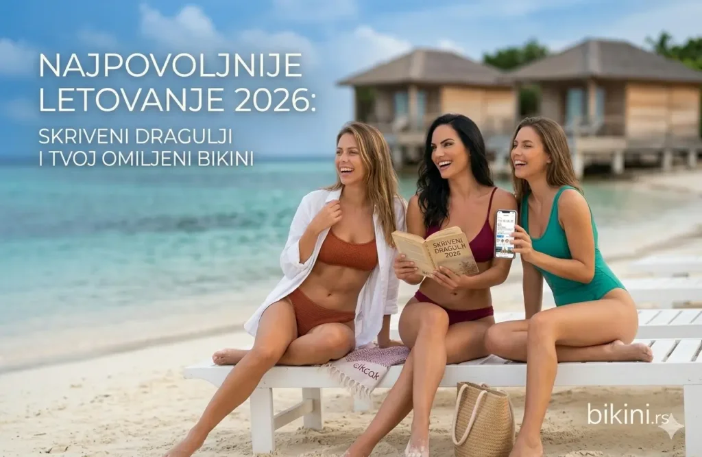 Tri nasmejane devojke u modernim kupaćim kostimima sa bikini.rs uživaju na belim ležaljkama na tropskoj plaži, jedna drži knjigu 'Skriveni dragulji 2026', druga telefon sa prikazom portala, tirkizno more u pozadini.